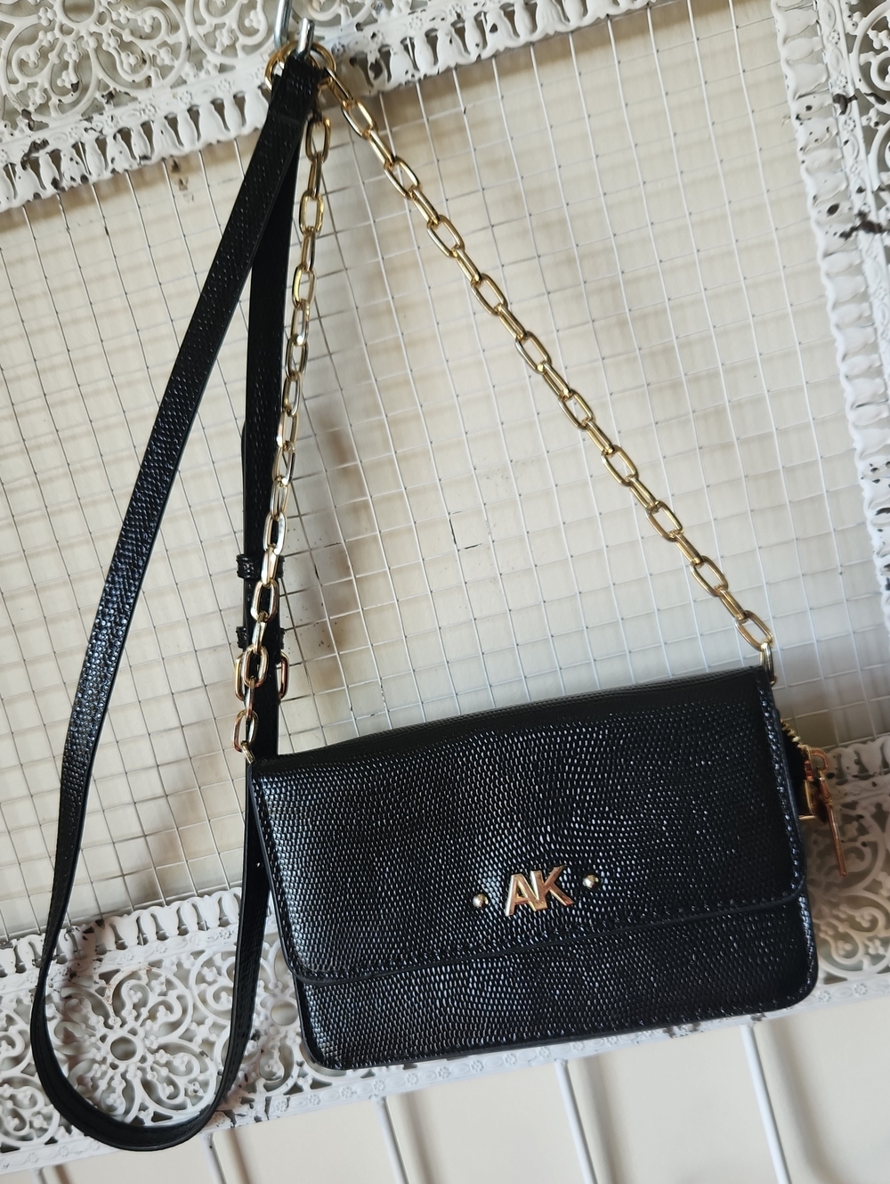 Anne Klein Faux Snakeskin Black Gold Small Chain Crossbody Bag - Picture 1 of 13
